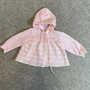 Vintage Friemanit Baby Girl Pink White Striped Hooded Knit Cardigan Sweater 9M